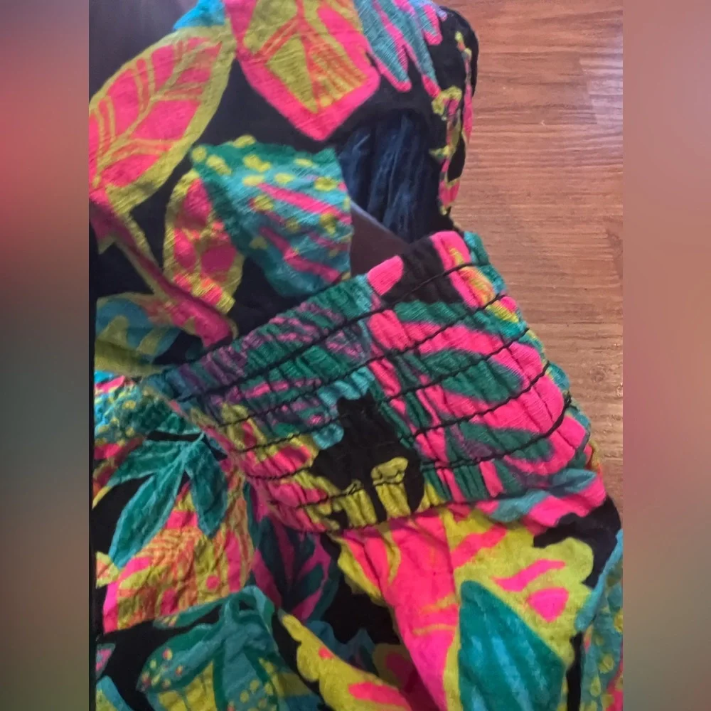 1. Girls Sundress - Tropical Foliage Print Dress - Black w Bright Colors